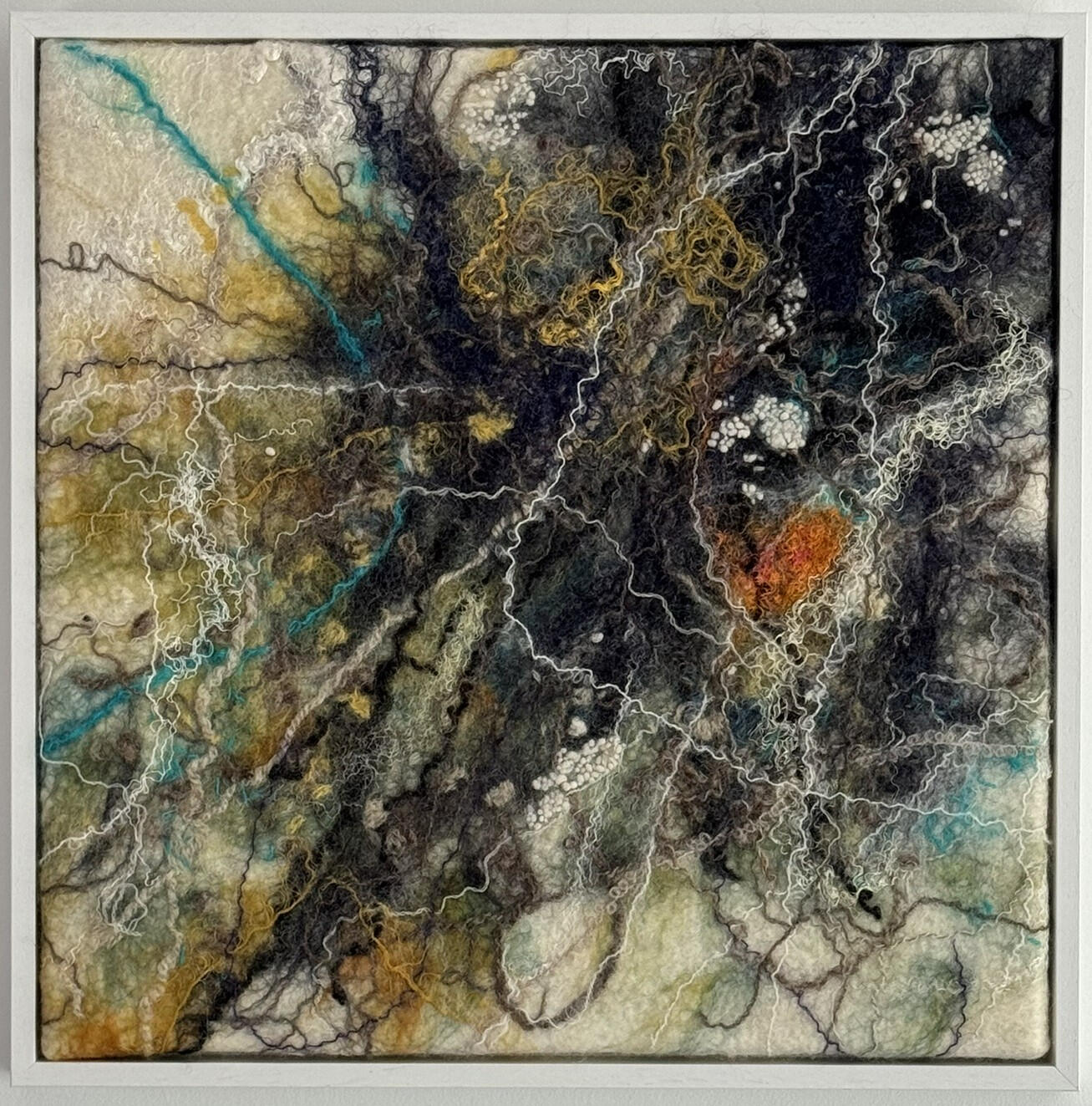 Rooted - felted wool, silk, hand-spun yarn, 40x40cm framed, SOLD