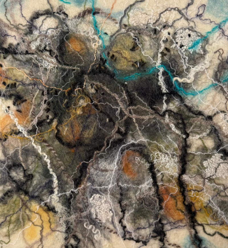 Shifting Edges - felted wool, silk, hand-spun yarn, 40x40cm framed, £350