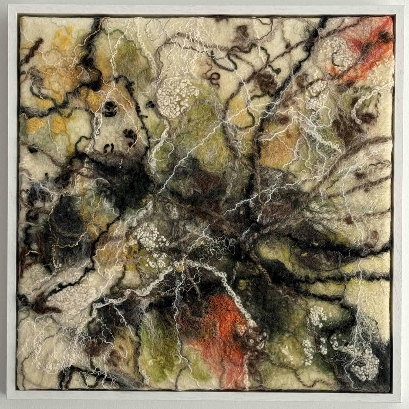 Spinney - felted wool, silk, hand-spun yarn, 40 x 40 cm framed, £340